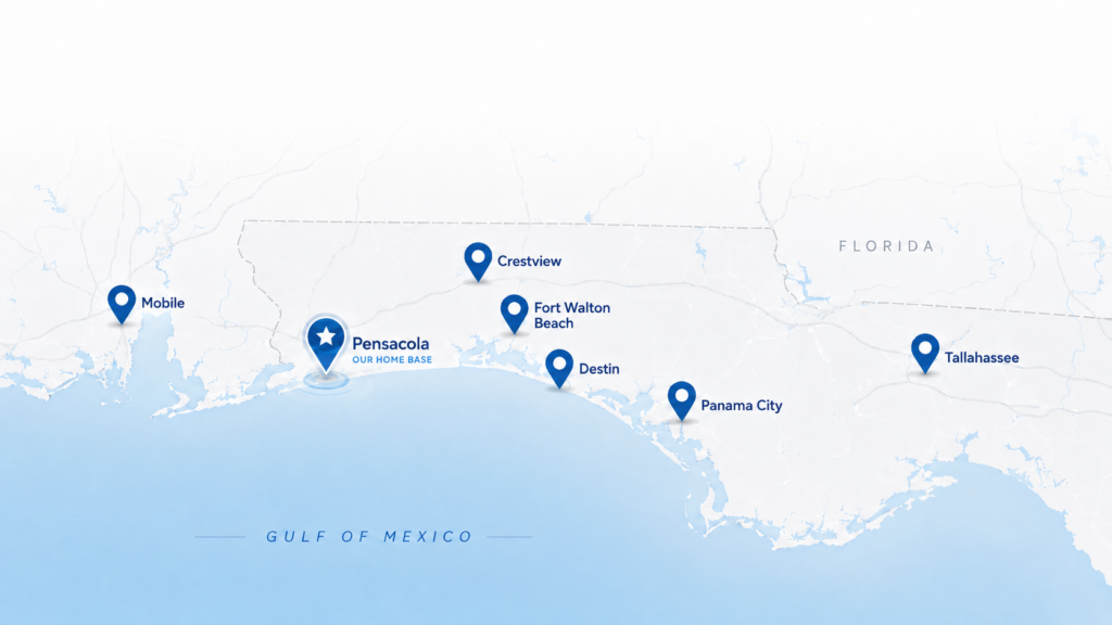 Map showing Blue Commercial Properties service markets across Mobile, Pensacola, Crestview, Fort Walton Beach, Destin, Panama City, and Tallahassee.
